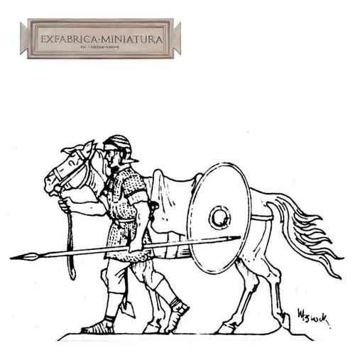 Römischer Kavallerist, abgesessen, Pferd führend
